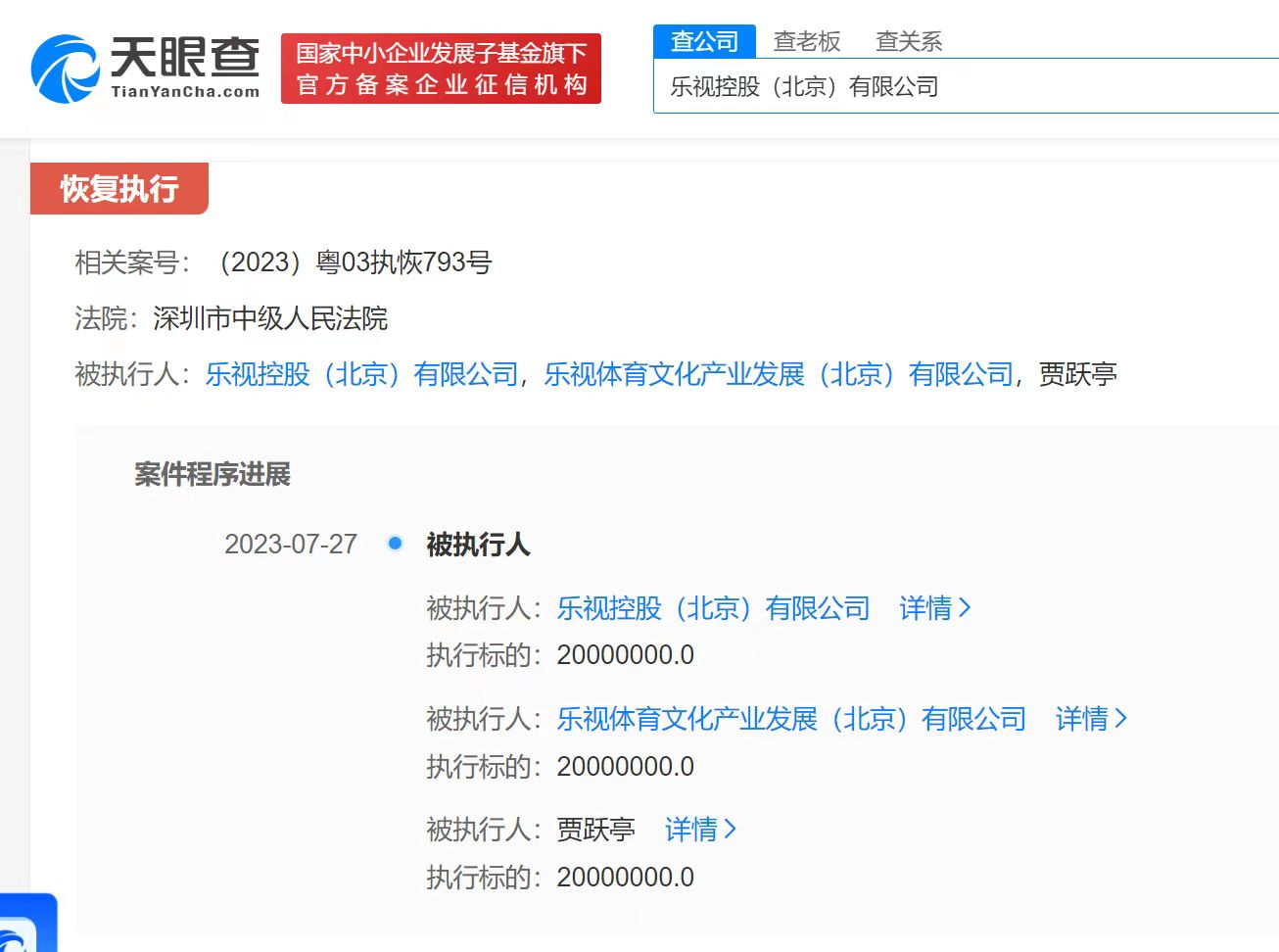 賈躍亭及樂視被恢復執行2000萬